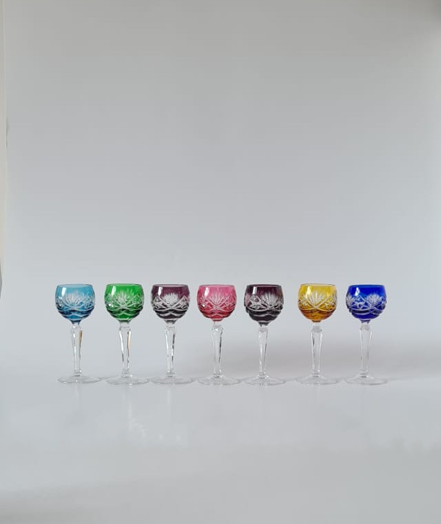 Multi-Coloured Bohemian Crystal Hock Wine Glasses